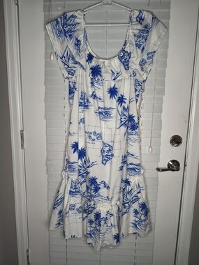 VTGKole Kole Hawaiian Muumuu Dress L Blue White Island Map Print Off Shoulder